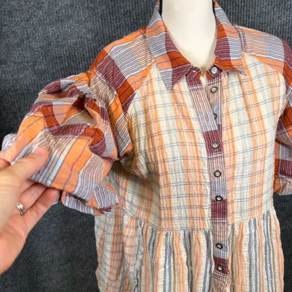 We The Free Plaid Oversized Babydoll Tunic Top S Pockets Puff Gauze Boho Western